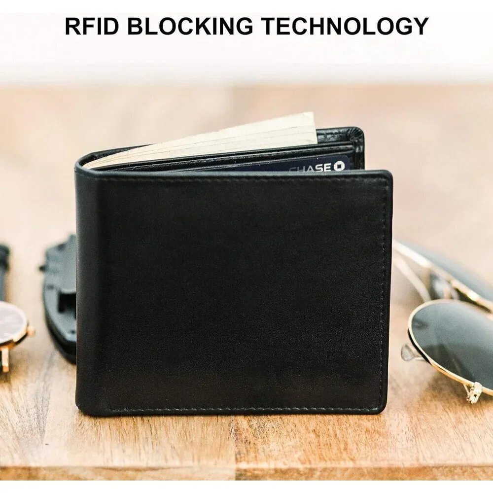 🆕Men Black Top Grain Leather Extra Capacity Bifold Strong Stitching Wallet